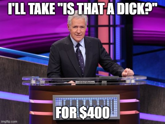 Alex Trebek Jeopardy | I'LL TAKE "IS THAT A DICK?"; FOR $400 | image tagged in alex trebek jeopardy | made w/ Imgflip meme maker