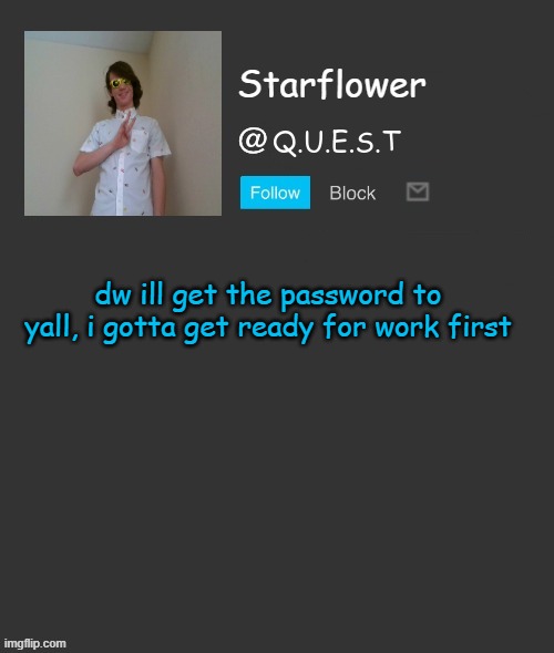 Starflower quest template | dw ill get the password to yall, i gotta get ready for work first | image tagged in starflower quest template | made w/ Imgflip meme maker