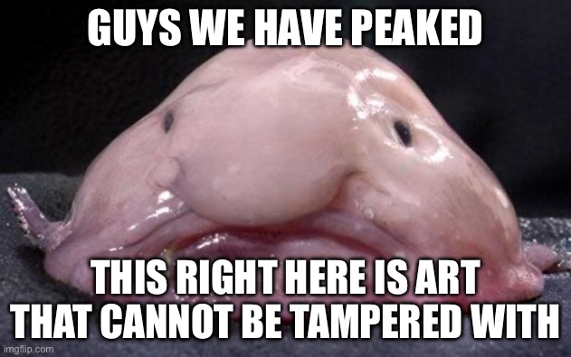 Blobfish | GUYS WE HAVE PEAKED; THIS RIGHT HERE IS ART THAT CANNOT BE TAMPERED WITH | image tagged in blobfish | made w/ Imgflip meme maker