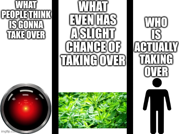 the end of the world | WHAT PEOPLE THINK IS GONNA TAKE OVER; WHAT EVEN HAS A SLIGHT CHANCE OF TAKING OVER; WHO IS ACTUALLY TAKING OVER | image tagged in this is a requirement | made w/ Imgflip meme maker