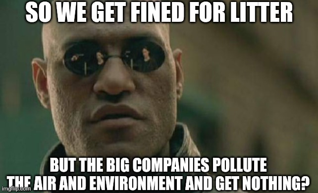 Matrix Morpheus | SO WE GET FINED FOR LITTER; BUT THE BIG COMPANIES POLLUTE THE AIR AND ENVIRONMENT AND GET NOTHING? | image tagged in memes,matrix morpheus | made w/ Imgflip meme maker