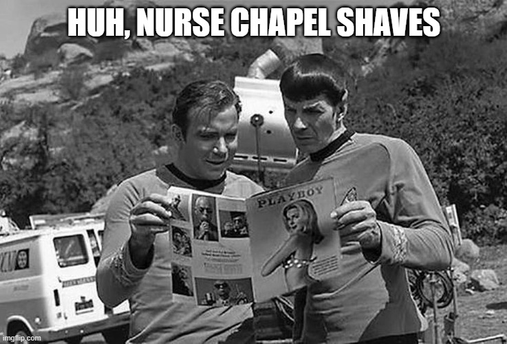 Centerfold...in Space | HUH, NURSE CHAPEL SHAVES | image tagged in spock kirk star trek playboy | made w/ Imgflip meme maker