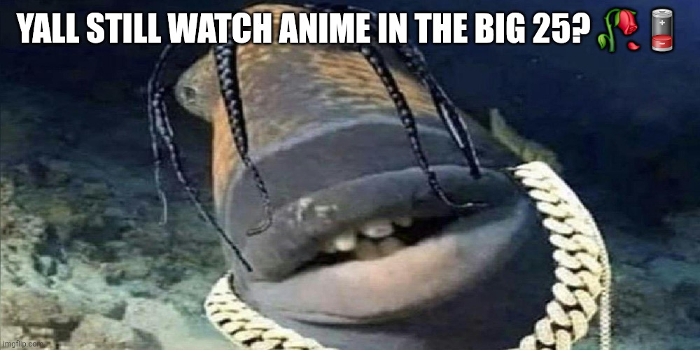 travis Scott fish | YALL STILL WATCH ANIME IN THE BIG 25? 🥀🪫 | image tagged in travis scott fish | made w/ Imgflip meme maker