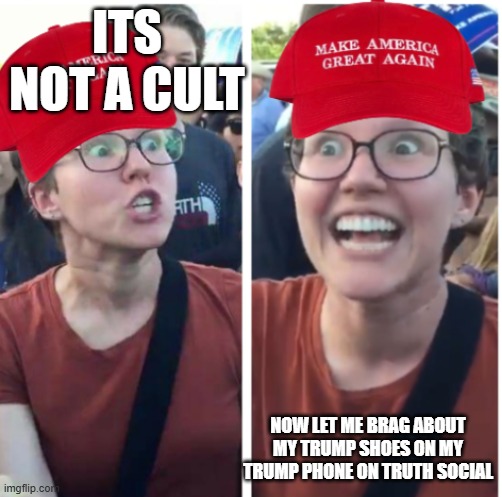 Hypocrisy! | ITS NOT A CULT; NOW LET ME BRAG ABOUT MY TRUMP SHOES ON MY TRUMP PHONE ON TRUTH SOCIAL | image tagged in maga hypocrisy | made w/ Imgflip meme maker