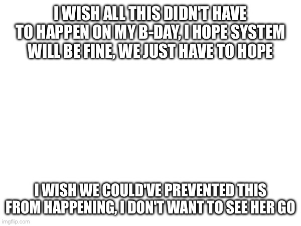 *but nobody came (…But I came and everyone who believes followed. -Spinel) | I WISH ALL THIS DIDN'T HAVE TO HAPPEN ON MY B-DAY, I HOPE SYSTEM WILL BE FINE, WE JUST HAVE TO HOPE; I WISH WE COULD'VE PREVENTED THIS FROM HAPPENING, I DON'T WANT TO SEE HER GO | made w/ Imgflip meme maker