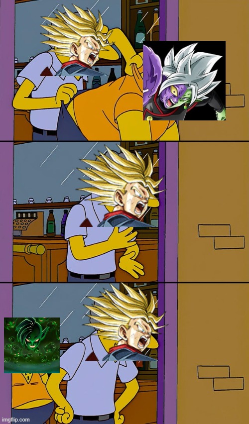 why did they have to have infinite zamasu bro | image tagged in moe throws barney,trunks,zamasu,dbs,anime,future | made w/ Imgflip meme maker