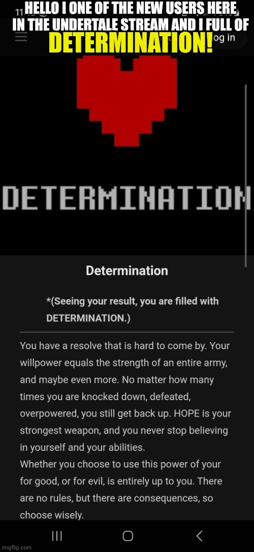 HELLO I ONE OF THE NEW USERS HERE IN THE UNDERTALE STREAM AND I FULL OF; DETERMINATION! | made w/ Imgflip meme maker