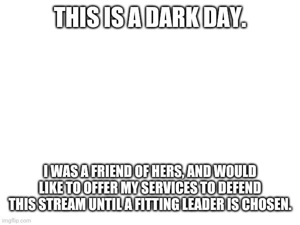 If you want | THIS IS A DARK DAY. I WAS A FRIEND OF HERS, AND WOULD LIKE TO OFFER MY SERVICES TO DEFEND THIS STREAM UNTIL A FITTING LEADER IS CHOSEN. | made w/ Imgflip meme maker