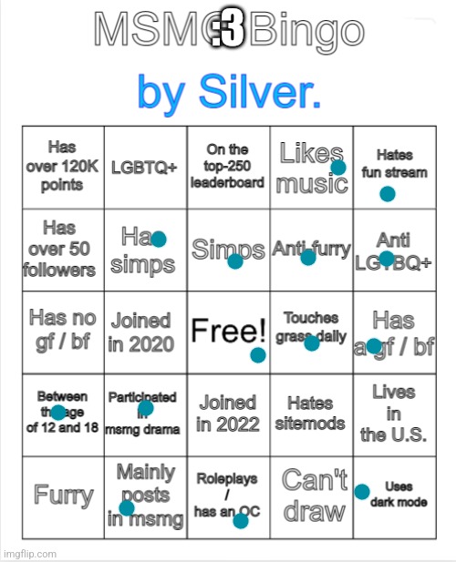 Silver.'s MSMG Bingo | :3 | image tagged in silver 's msmg bingo | made w/ Imgflip meme maker