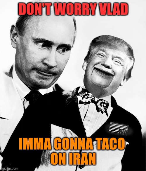 Trump Putin's Puppet | DON'T WORRY VLAD IMMA GONNA TACO 
ON IRAN | image tagged in trump putin's puppet | made w/ Imgflip meme maker