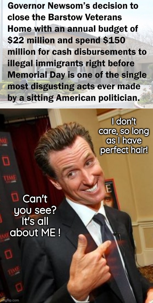 Gruesome Newsom picks illegals over vets | I don't care, so long as I have perfect hair! Can't you see? It's all about ME ! | image tagged in gavin newsom kamala harris,perfect,hair | made w/ Imgflip meme maker