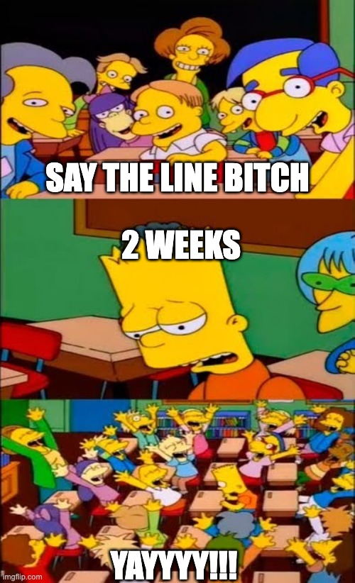 say the line bart! simpsons | SAY THE LINE BITCH; 2 WEEKS; YAYYYY!!! | image tagged in say the line bart simpsons | made w/ Imgflip meme maker