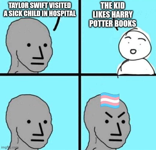 Taylor just triggered somebody | TAYLOR SWIFT VISITED A SICK CHILD IN HOSPITAL; THE KID LIKES HARRY POTTER BOOKS | image tagged in angry npc wojak,liberals,trans,leftists | made w/ Imgflip meme maker
