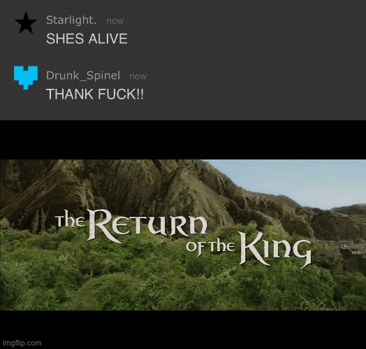 LADIES AND GENTLEMEN, SHE HAS BEEN FOUND ALIVE!!! | image tagged in return of the king | made w/ Imgflip meme maker