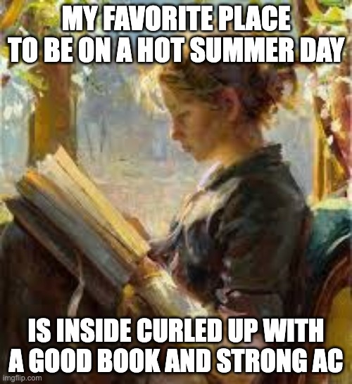 Summer Reading | MY FAVORITE PLACE TO BE ON A HOT SUMMER DAY; IS INSIDE CURLED UP WITH A GOOD BOOK AND STRONG AC | image tagged in reading | made w/ Imgflip meme maker