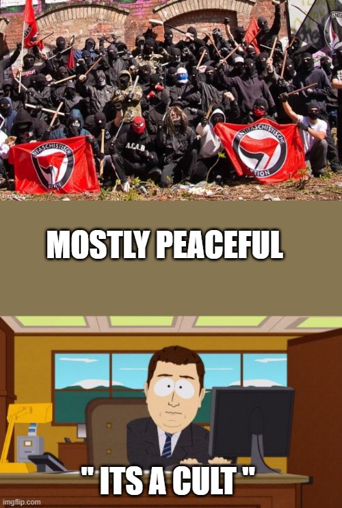 I bet no one in the picture has a IQ over 90 | MOSTLY PEACEFUL; " ITS A CULT " | image tagged in memes,aaaaand its gone | made w/ Imgflip meme maker
