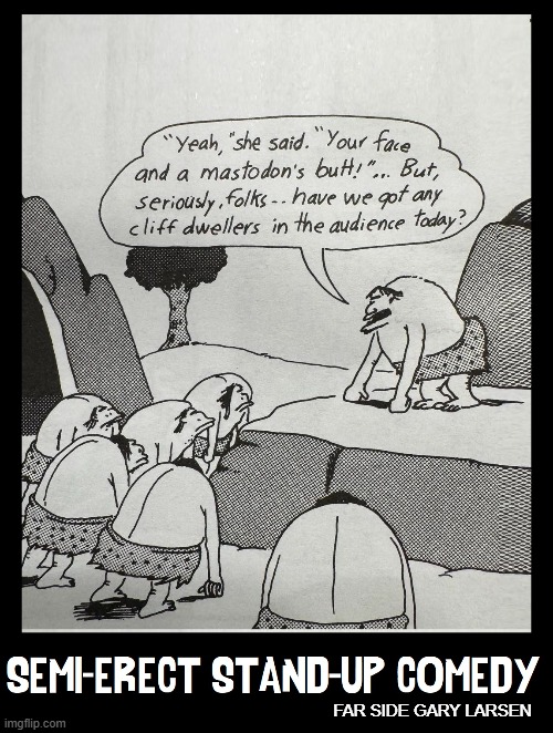 Early Days of Stand-Up... well, trying to stand, anyway | FAR SIDE GARY LARSEN | image tagged in vince vance,stand up comedy,cartoons,cavemen,far side,caveman | made w/ Imgflip meme maker