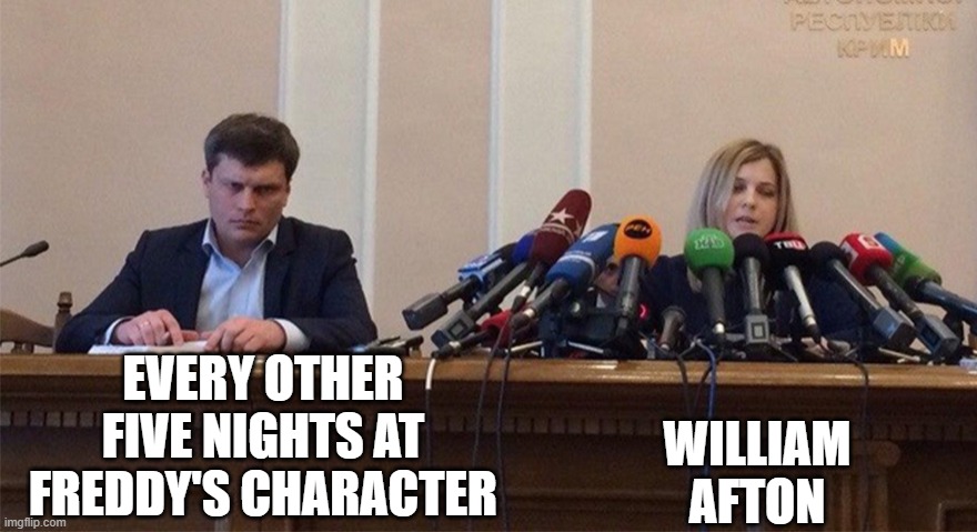 He's overrated. | EVERY OTHER FIVE NIGHTS AT FREDDY'S CHARACTER; WILLIAM AFTON | image tagged in man and woman microphone | made w/ Imgflip meme maker