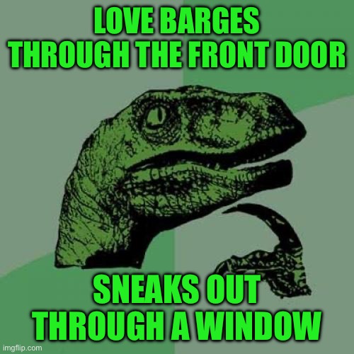 Philosoraptor | LOVE BARGES THROUGH THE FRONT DOOR; SNEAKS OUT THROUGH A WINDOW | image tagged in memes,philosoraptor | made w/ Imgflip meme maker