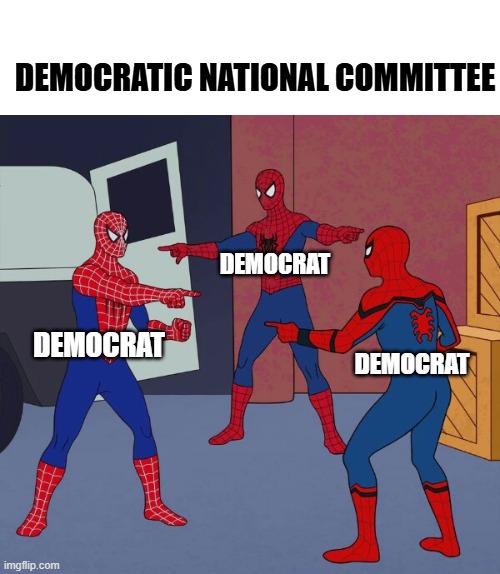 At The Democratic National Committee | DEMOCRATIC NATIONAL COMMITTEE; DEMOCRAT; DEMOCRAT; DEMOCRAT | image tagged in spider man triple,memes,political meme,democrats | made w/ Imgflip meme maker