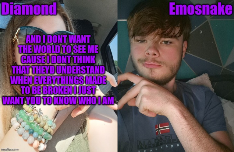 Diamond and ES shared couple temp | AND I DONT WANT THE WORLD TO SEE ME CAUSE I DONT THINK THAT THEYD UNDERSTAND WHEN EVERYTHINGS MADE TO BE BROKEN I JUST WANT YOU TO KNOW WHO I AM | image tagged in diamond and es shared couple temp | made w/ Imgflip meme maker