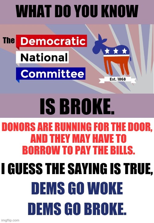 It's True | image tagged in memes,democrats,go,woke,become,no money | made w/ Imgflip meme maker