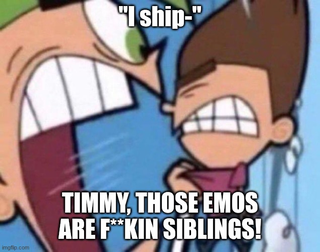 Cosmo yelling at timmy | "I ship-"; TIMMY, THOSE EMOS ARE F**KIN SIBLINGS! | image tagged in cosmo yelling at timmy | made w/ Imgflip meme maker