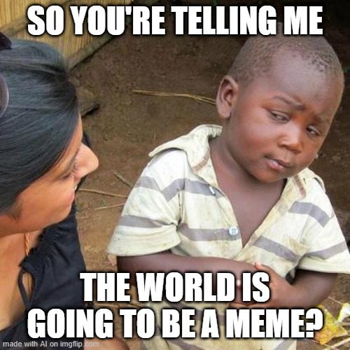 If the world is going to make a meme | SO YOU'RE TELLING ME; THE WORLD IS GOING TO BE A MEME? | image tagged in memes,third world skeptical kid,funny | made w/ Imgflip meme maker