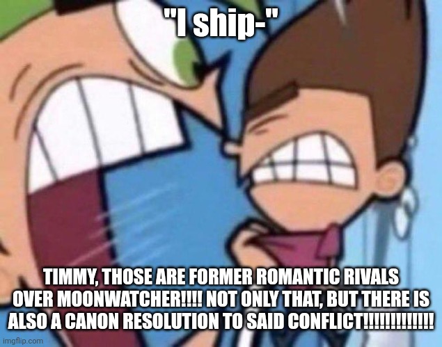 quinter is not canon | "I ship-"; TIMMY, THOSE ARE FORMER ROMANTIC RIVALS OVER MOONWATCHER!!!! NOT ONLY THAT, BUT THERE IS ALSO A CANON RESOLUTION TO SAID CONFLICT!!!!!!!!!!!!! | image tagged in cosmo yelling at timmy,wings of fire | made w/ Imgflip meme maker
