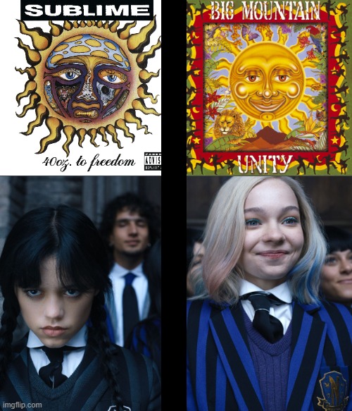Now which one is the baby sun from the telatubies? | image tagged in wednesday and enid,wednesday,sublime,big mountain,happy and sad,lol so funny | made w/ Imgflip meme maker