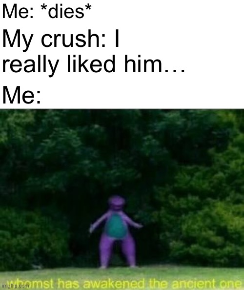 Whomst has awakened the ancient one | Me: *dies*; My crush: I really liked him…; Me: | image tagged in whomst has awakened the ancient one,crush | made w/ Imgflip meme maker