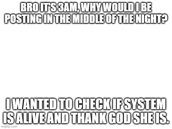 Never. Ever. Do things like these, System, Ever again. Just please. | BRO IT'S 3AM, WHY WOULD I BE POSTING IN THE MIDDLE OF THE NIGHT? I WANTED TO CHECK IF SYSTEM IS ALIVE AND THANK GOD SHE IS. | image tagged in interactionsystem | made w/ Imgflip meme maker