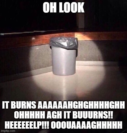 Trash Can Spotlight | OH LOOK; IT BURNS AAAAAAHGHGHHHHGHH OHHHHH AGH IT BUUURNS!! HEEEEEELP!!! OOOUAAAAGHHHHH | image tagged in trash can spotlight | made w/ Imgflip meme maker
