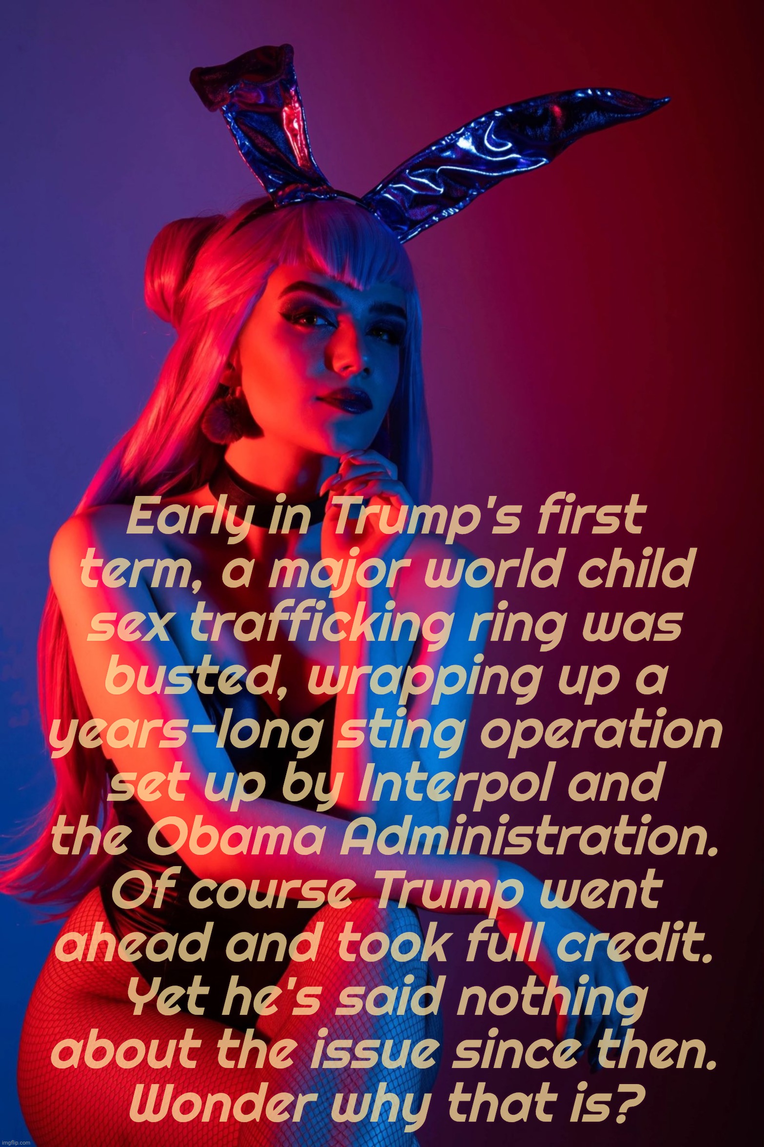Cosplay | Early in Trump's first
term, a major world child
sex trafficking ring was
busted, wrapping up a
years-long sting operation
set up by Interpo | image tagged in cosplay | made w/ Imgflip meme maker