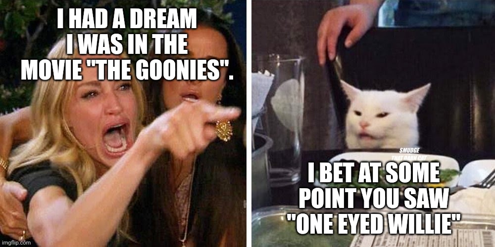 Smudge that darn cat with Karen | I HAD A DREAM I WAS IN THE MOVIE "THE GOONIES". I BET AT SOME POINT YOU SAW "ONE EYED WILLIE" | image tagged in smudge that darn cat with karen | made w/ Imgflip meme maker