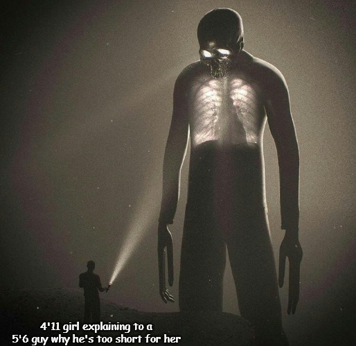 tall guy | 4'11 girl explaining to a 5'6 guy why he's too short for her | image tagged in tall guy,dating | made w/ Imgflip meme maker