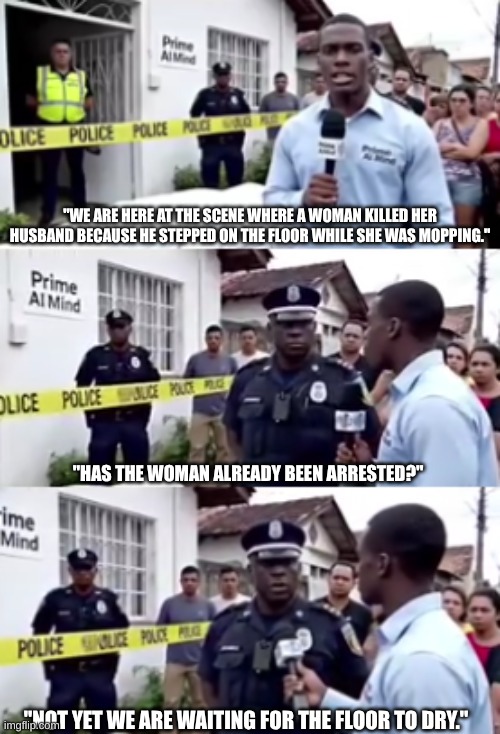 Officers are really scared | "WE ARE HERE AT THE SCENE WHERE A WOMAN KILLED HER HUSBAND BECAUSE HE STEPPED ON THE FLOOR WHILE SHE WAS MOPPING."; "HAS THE WOMAN ALREADY BEEN ARRESTED?"; "NOT YET WE ARE WAITING FOR THE FLOOR TO DRY." | image tagged in floor,dry | made w/ Imgflip meme maker