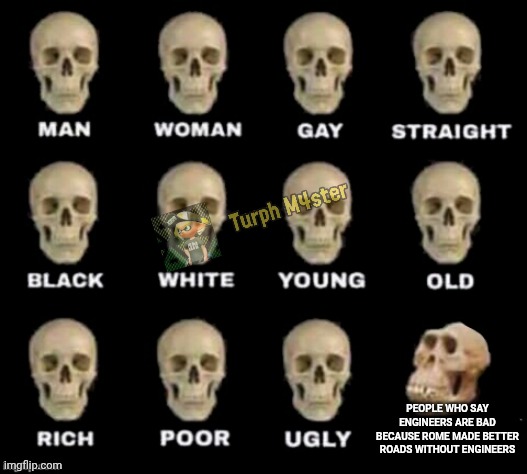 Who do you think designed the Roman roads? | PEOPLE WHO SAY ENGINEERS ARE BAD BECAUSE ROME MADE BETTER ROADS WITHOUT ENGINEERS | image tagged in idiot skull,engineer,engineering,rome,roman empire,road | made w/ Imgflip meme maker