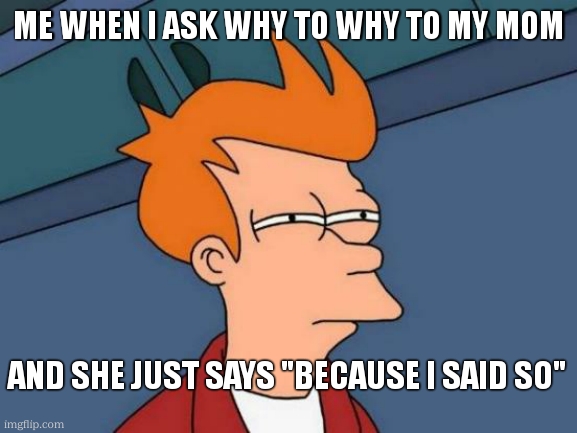 real. | ME WHEN I ASK WHY TO WHY TO MY MOM; AND SHE JUST SAYS "BECAUSE I SAID SO" | image tagged in memes,futurama fry,funny,relatable,gifs,not a gif | made w/ Imgflip meme maker