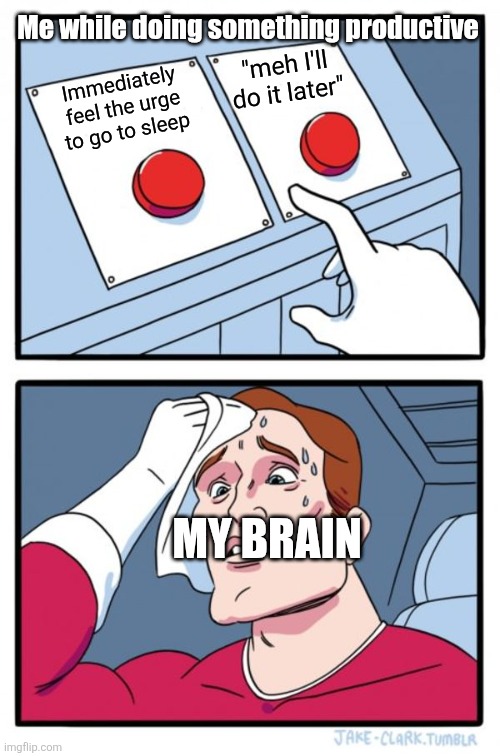 Lol fr | Me while doing something productive; "meh I'll do it later"; Immediately feel the urge to go to sleep; MY BRAIN | image tagged in memes,two buttons,productivity,sleep,procrastination | made w/ Imgflip meme maker