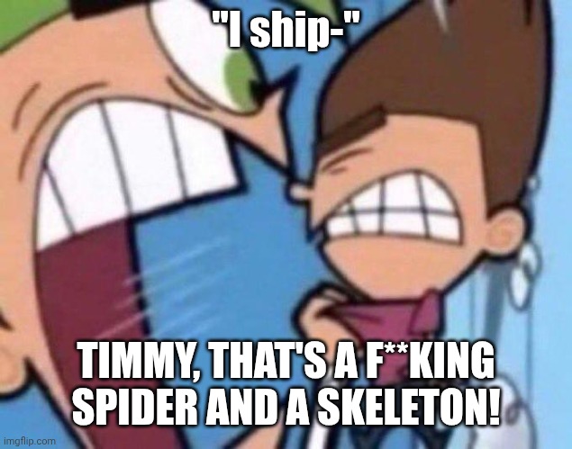 Cosmo yelling at timmy | "I ship-"; TIMMY, THAT'S A F**KING SPIDER AND A SKELETON! | image tagged in cosmo yelling at timmy | made w/ Imgflip meme maker