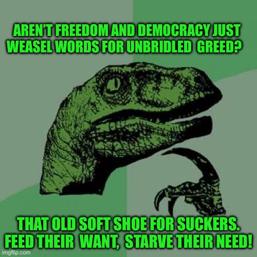 Philosoraptor | AREN’T FREEDOM AND DEMOCRACY JUST WEASEL WORDS FOR UNBRIDLED  GREED? THAT OLD SOFT SHOE FOR SUCKERS. FEED THEIR  WANT,  STARVE THEIR NEED! | image tagged in memes,philosoraptor | made w/ Imgflip meme maker