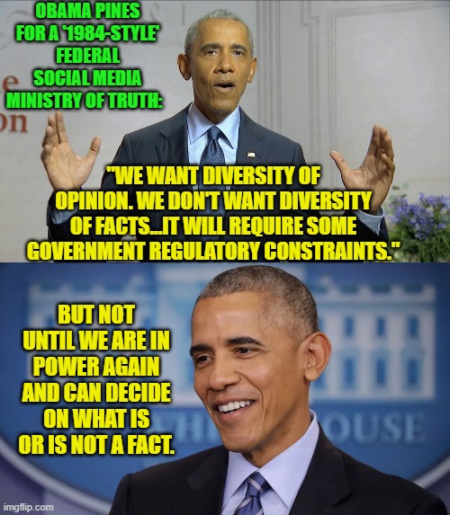 No Kings . . . unless it's a leftist King, eh? | OBAMA PINES FOR A '1984-STYLE' FEDERAL SOCIAL MEDIA MINISTRY OF TRUTH:; "WE WANT DIVERSITY OF OPINION. WE DON'T WANT DIVERSITY OF FACTS...IT WILL REQUIRE SOME GOVERNMENT REGULATORY CONSTRAINTS."; BUT NOT UNTIL WE ARE IN POWER AGAIN AND CAN DECIDE ON WHAT IS OR IS NOT A FACT. | image tagged in yep | made w/ Imgflip meme maker