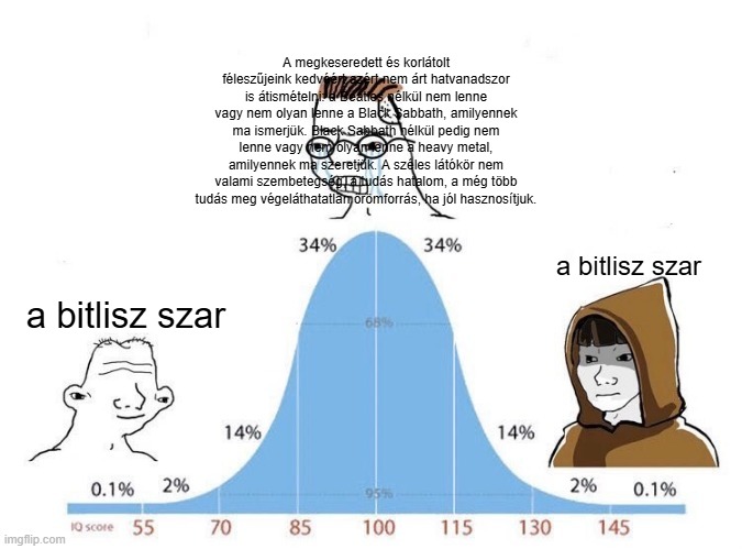 Bell Curve | A megkeseredett és korlátolt féleszűjeink kedvéért azért nem árt hatvanadszor is átismételni: a Beatles nélkül nem lenne vagy nem olyan lenne a Black Sabbath, amilyennek ma ismerjük. Black Sabbath nélkül pedig nem lenne vagy nem olyan lenne a heavy metal, amilyennek ma szeretjük. A széles látókör nem valami szembetegség, a tudás hatalom, a még több tudás meg végeláthatatlan örömforrás, ha jól hasznosítjuk. a bitlisz szar; a bitlisz szar | image tagged in bell curve | made w/ Imgflip meme maker