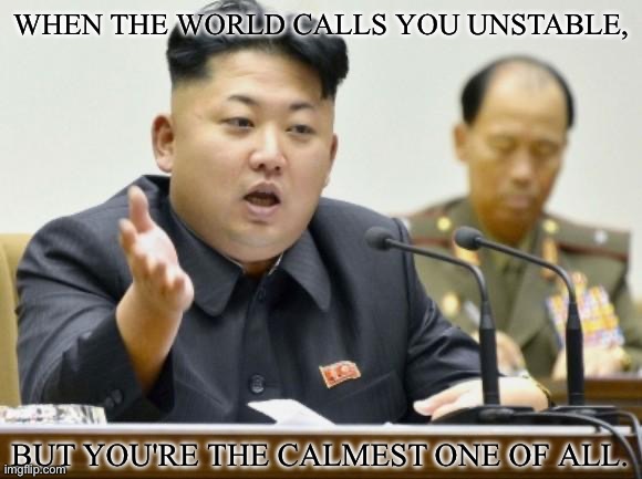 Stable leader | WHEN THE WORLD CALLS YOU UNSTABLE, BUT YOU'RE THE CALMEST ONE OF ALL. | image tagged in kim jong un,leader,stable genius,world | made w/ Imgflip meme maker