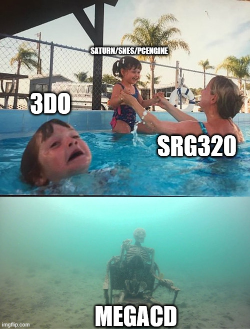 drowning kid + skeleton | SATURN/SNES/PCENGINE; 3DO; SRG320; MEGACD | image tagged in drowning kid skeleton | made w/ Imgflip meme maker