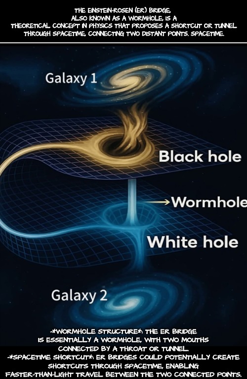 Do You Dig Wormholes? | THE EINSTEIN-ROSEN (ER) BRIDGE, 
ALSO KNOWN AS A WORMHOLE, IS A THEORETICAL CONCEPT IN PHYSICS THAT PROPOSES A SHORTCUT OR TUNNEL
THROUGH SPACETIME, CONNECTING TWO DISTANT POINTS. SPACETIME. -*WORMHOLE STRUCTURE*: THE ER BRIDGE IS ESSENTIALLY A WORMHOLE, WITH TWO MOUTHS CONNECTED BY A THROAT OR TUNNEL.
-*SPACETIME SHORTCUT*: ER BRIDGES COULD POTENTIALLY CREATE SHORTCUTS THROUGH SPACETIME, ENABLING FASTER-THAN-LIGHT TRAVEL BETWEEN THE TWO CONNECTED POINTS. | image tagged in wormholes | made w/ Imgflip meme maker