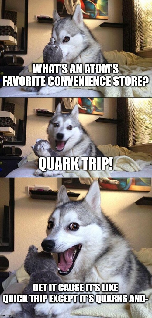 Quark Trip | WHAT'S AN ATOM'S FAVORITE CONVENIENCE STORE? QUARK TRIP! GET IT CAUSE IT'S LIKE QUICK TRIP EXCEPT IT'S QUARKS AND- | image tagged in memes,bad pun dog | made w/ Imgflip meme maker