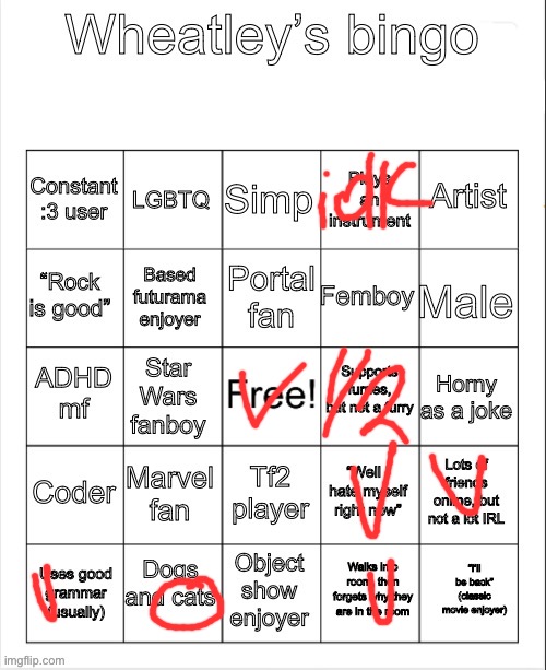 Wheatleys bingo | image tagged in wheatleys bingo | made w/ Imgflip meme maker