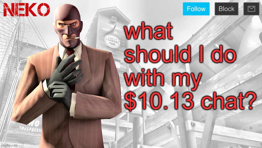 Neko Spy template | what should I do with my $10.13 chat? | image tagged in neko spy template | made w/ Imgflip meme maker